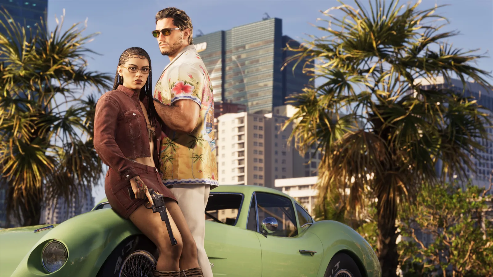 A woman in a rust-red denim jacket and shorts holding a revolver, leaning against the bonnet of a pale green sports car beside a man in tinted sunglasses and a floral shirt, with palms and city high-rises behind them.