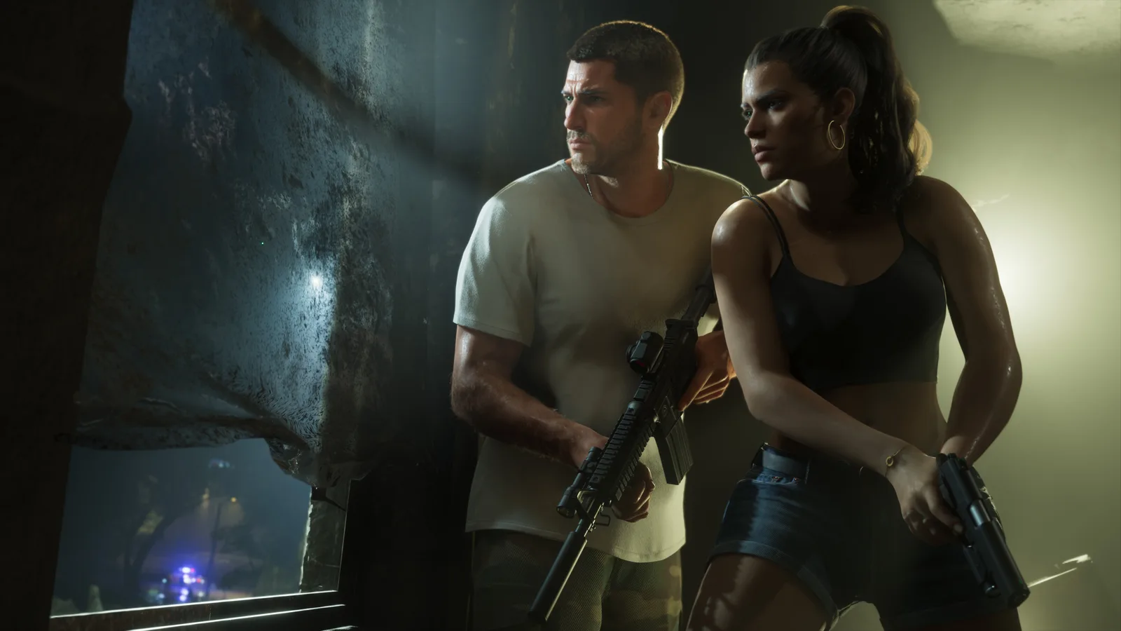 Jason Duval holding a scoped rifle and Lucia Caminos holding a pistol, pressed against the wall of a dim room lit from one side, with the blue and red flicker of police lights through the window below them.