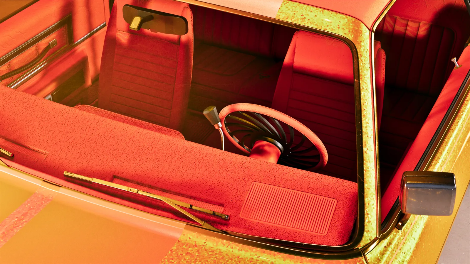 Looking down into the open cabin of a candy gold-flake custom car — orange velour bench seats, a matching wrapped steering wheel and gold-plated wipers and window trim.