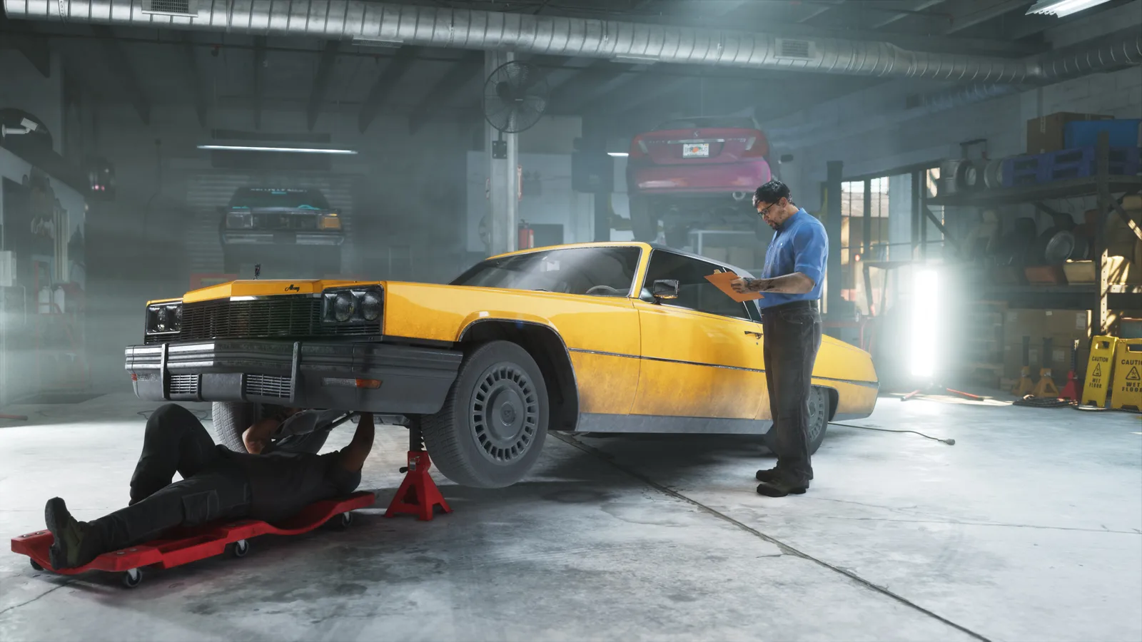 A yellow classic coupe up on axle stands in a workshop, one mechanic underneath on a creeper and another in a blue shirt writing on a clipboard, more cars on lifts behind.