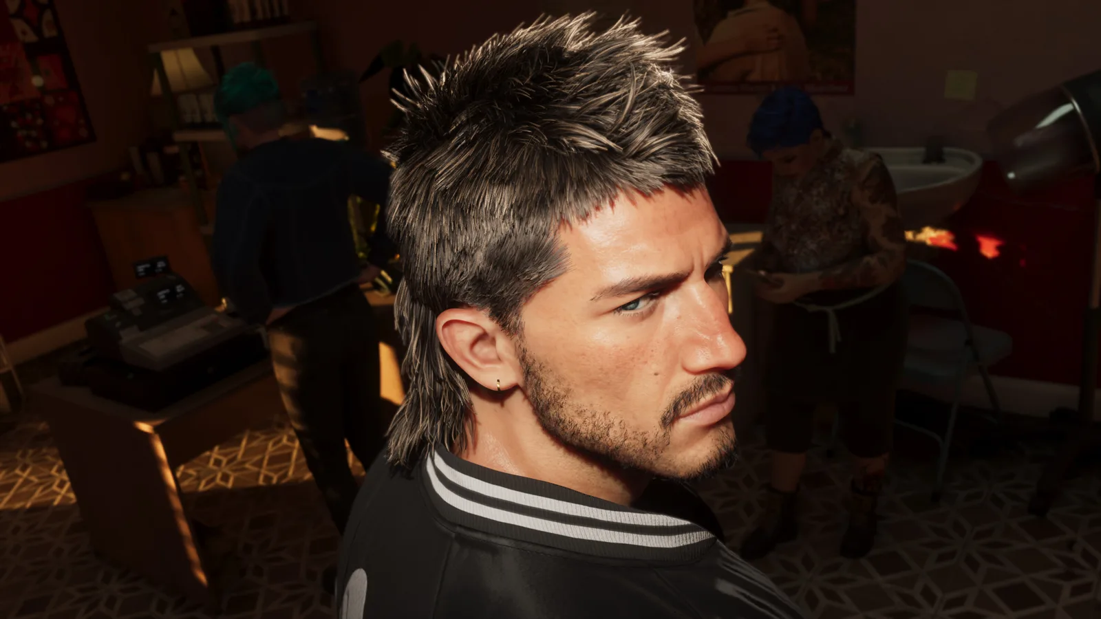 Close-up of a man turning his head to show a freshly cut spiky mullet, stylists and clients at work in the salon behind him.