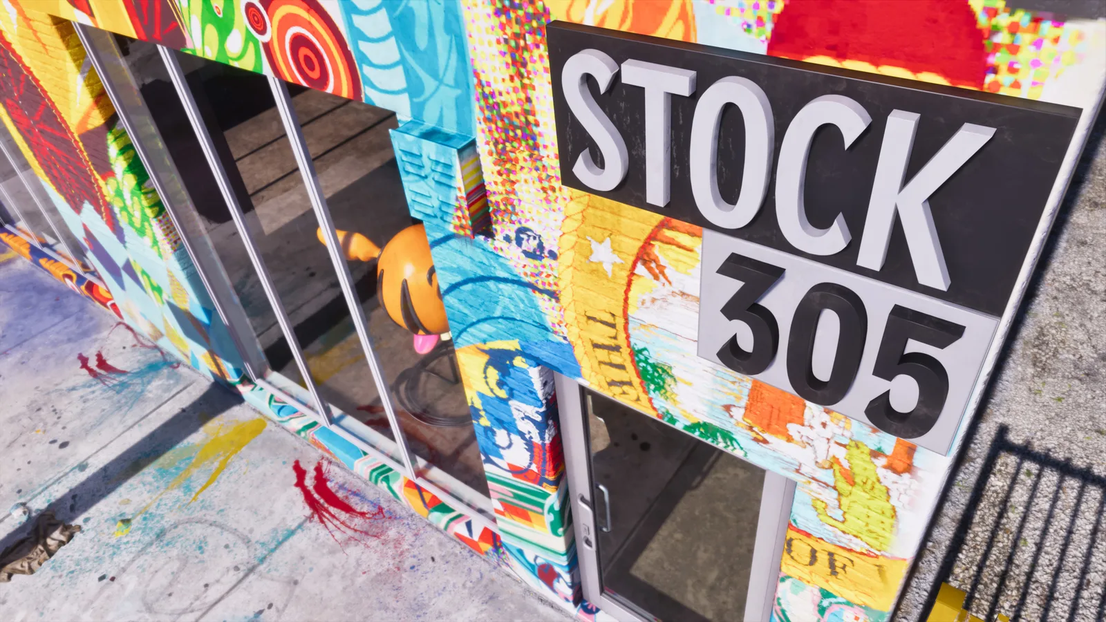 The Stock 305 shopfront sign in raised white and black lettering above the door, the walls and window frames around it covered in layered patterned artwork.
