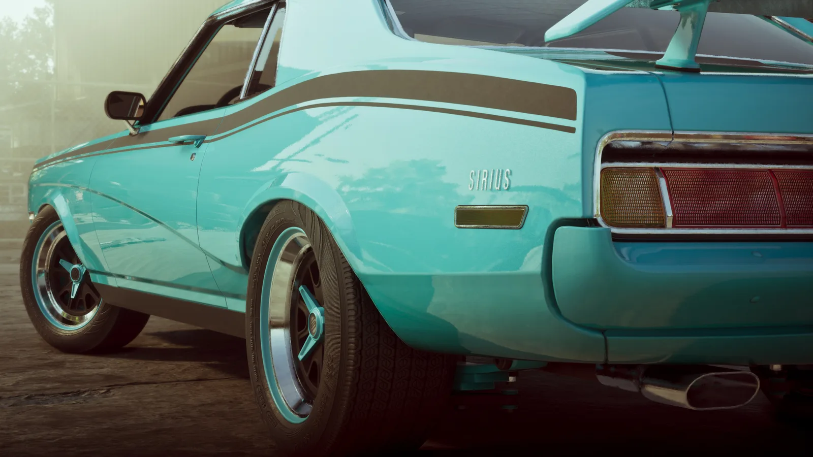 Rear quarter of a turquoise muscle coupe badged Sirius, with a gold side stripe, a rear spoiler and chrome-lipped alloy wheels.