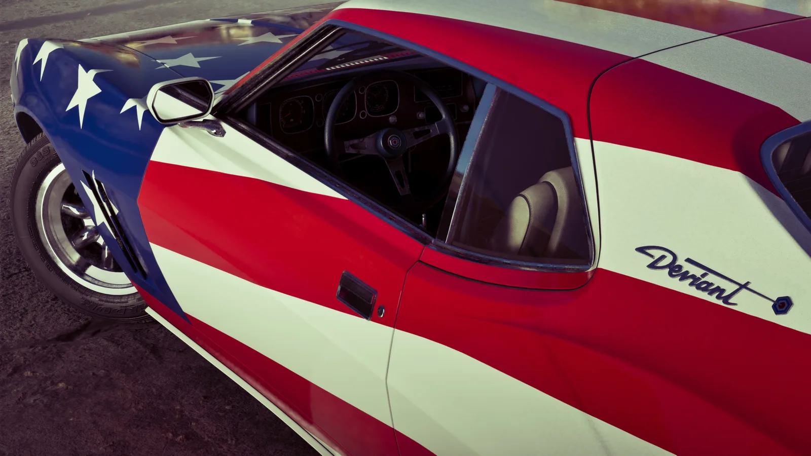 A stars-and-stripes painted coupe seen through its side window — a wood and metal three-spoke steering wheel and dials inside, and a Deviant script badge on the rear quarter.
