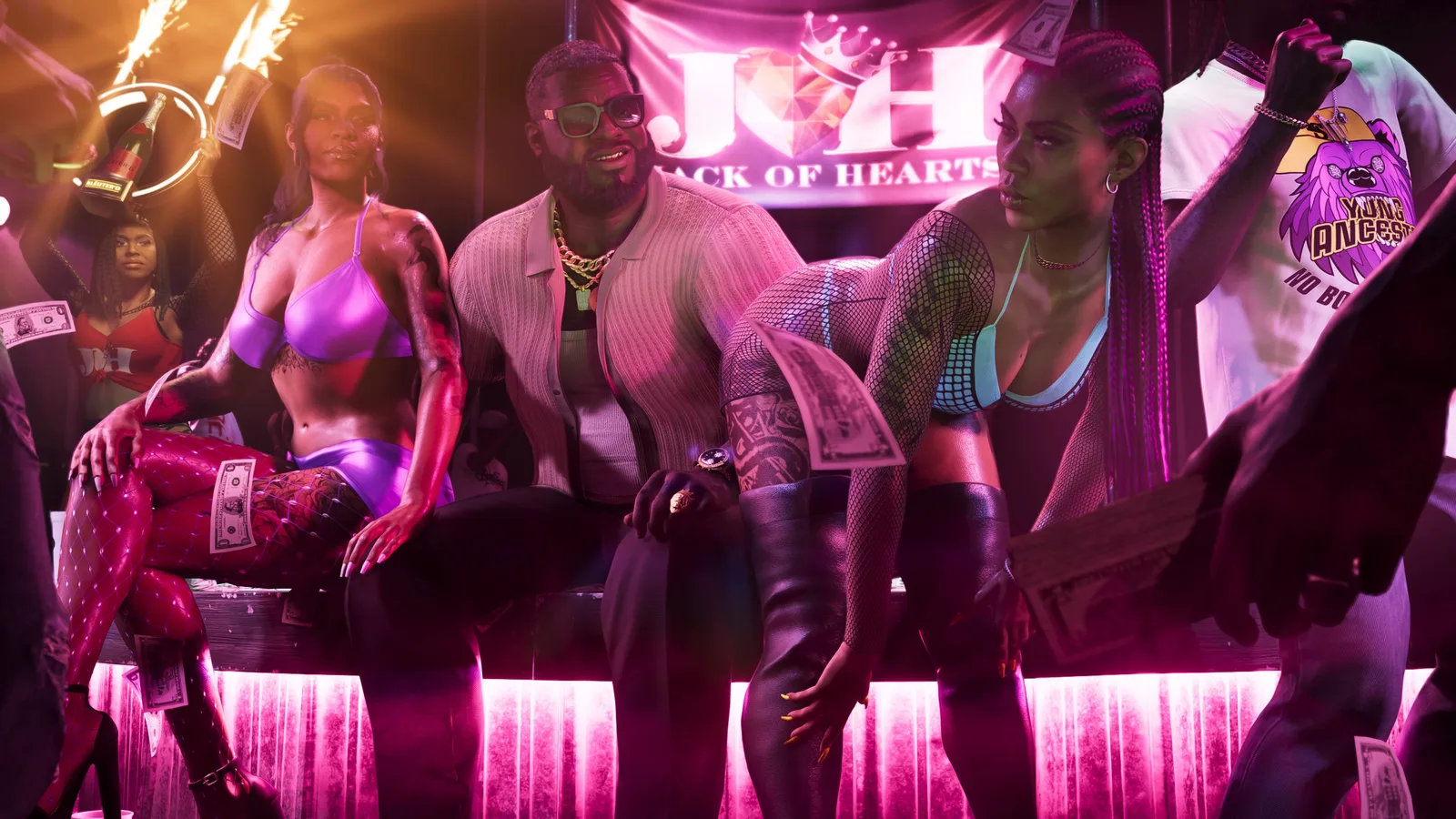 Boobie Ike seated on a pink-lit stage between two dancers under a Jack of Hearts banner, dollar bills scattered across the platform.