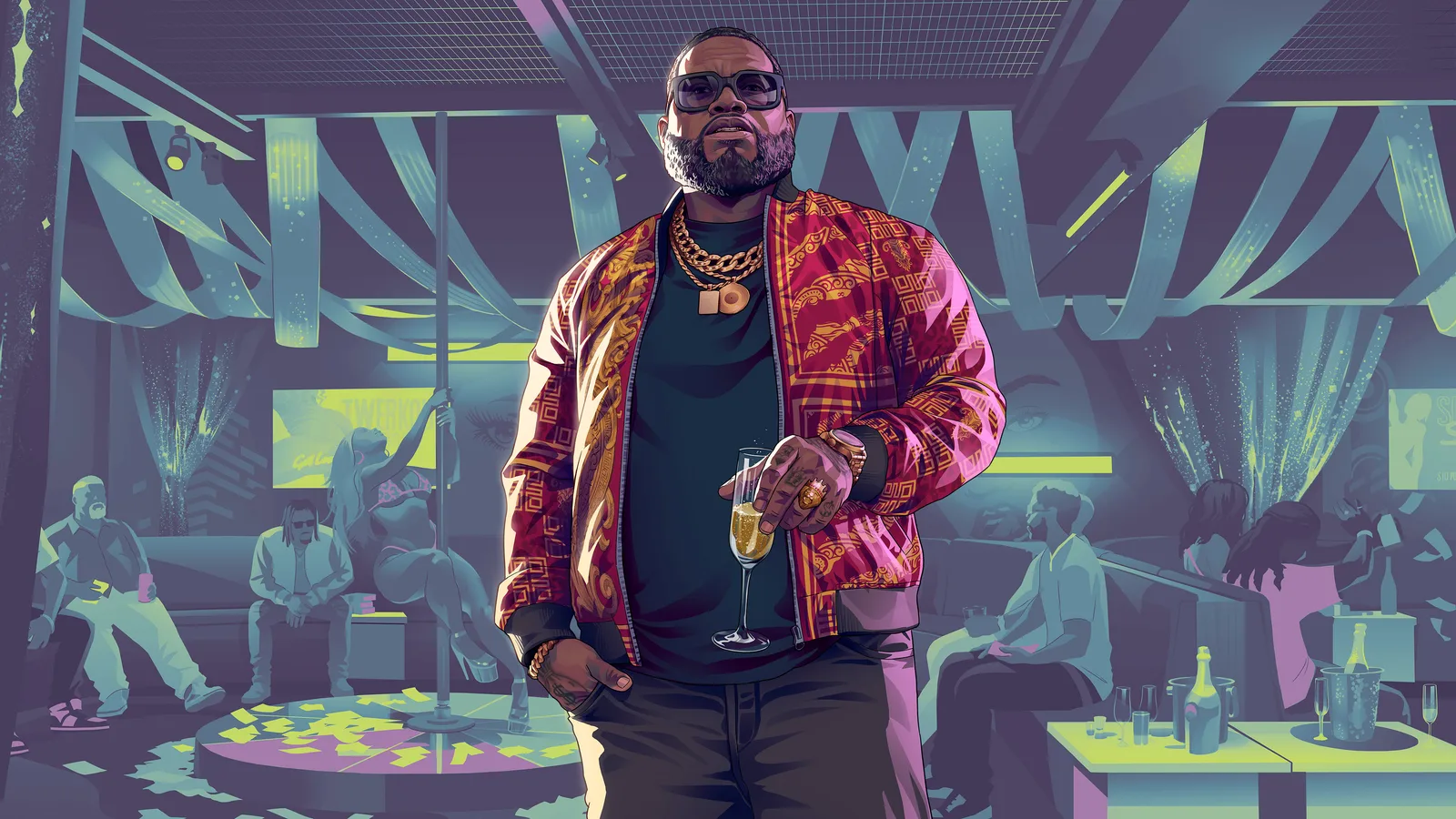 Official Rockstar illustration of Boobie Ike, drawn in flat comic-style colour rather than photographed in-game: a bearded man in sunglasses, a gold chain and a patterned pink and red bomber jacket stands holding a champagne flute in a strip club, a dancer at the pole and seated drinkers behind him under teal and lime lighting.