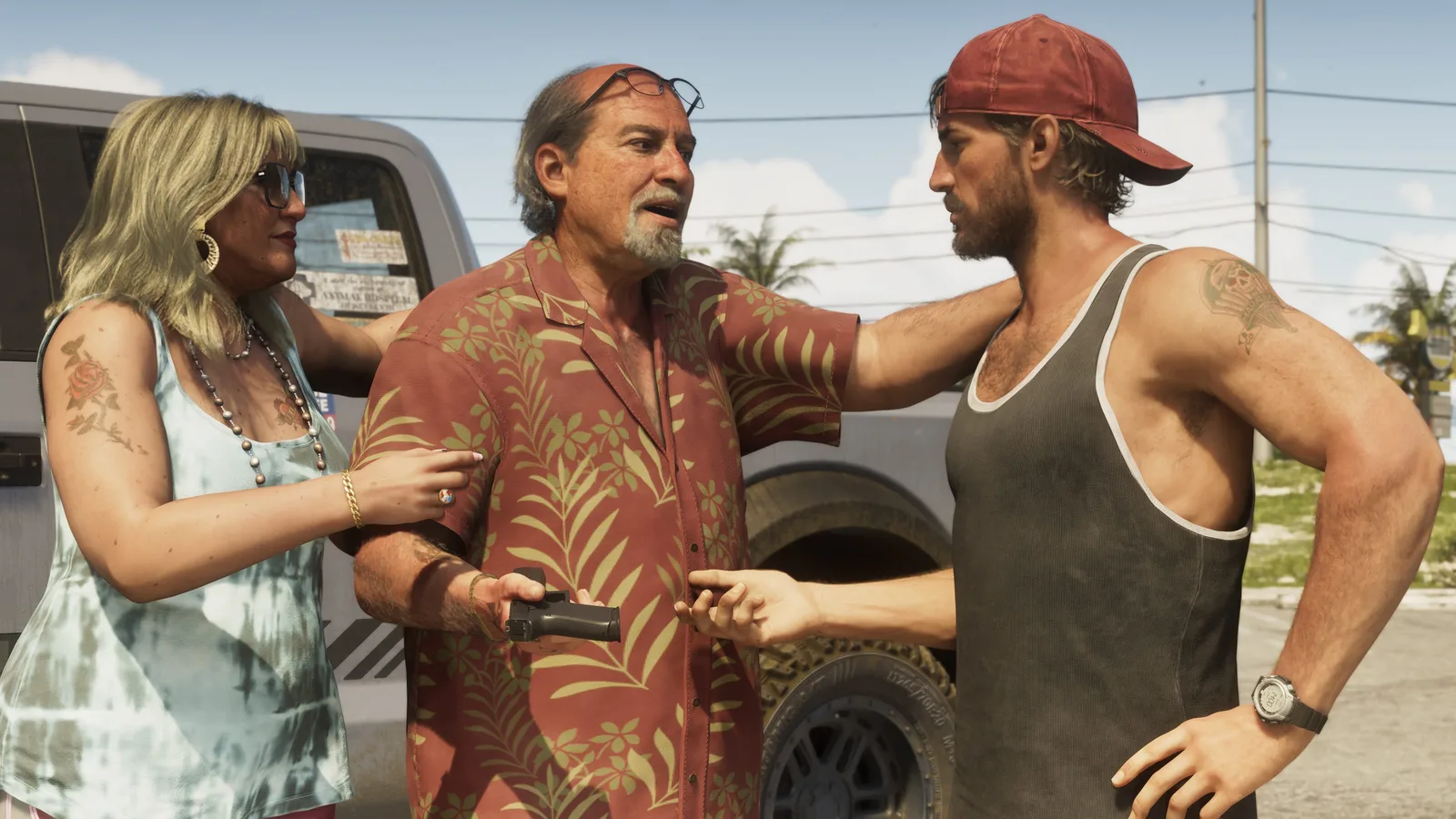 Brian Heder in a red palm-print shirt holding a pistol at his side in bright daylight beside a pickup truck, a blonde woman gripping his arm and a man in a red cap facing him.