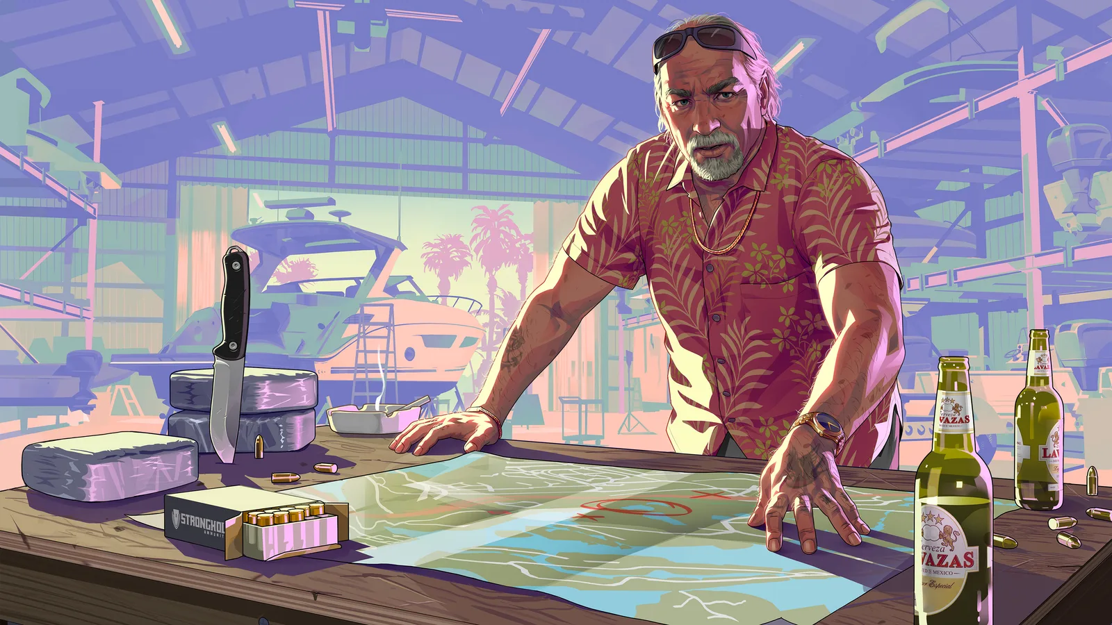 Official Rockstar illustration of Brian Heder, drawn in flat comic-style colour rather than photographed in-game: a grey-haired man in a red floral shirt with sunglasses pushed up on his head leans on a workbench spread with a marked-up map, a knife, taped packages, loose bullets and two beer bottles, boats up on trailers in the warehouse behind him.