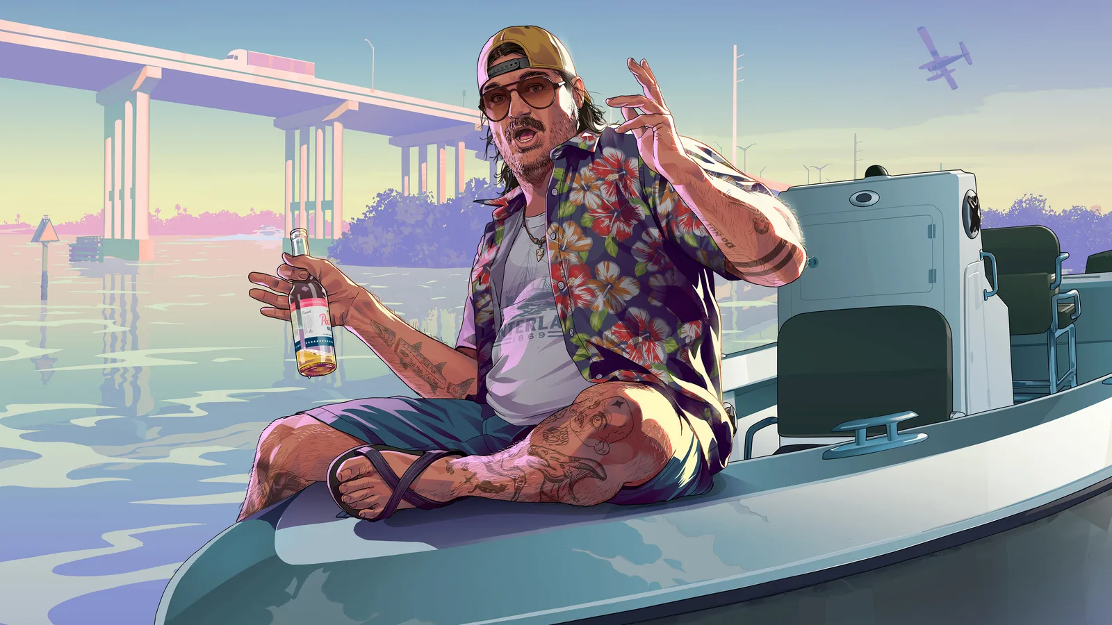 Official Rockstar illustration of Cal Hampton, drawn in flat comic-style colour rather than photographed in-game: a tattooed man in a backwards cap, sunglasses and an open floral shirt sits cross-legged on the bow of a small boat with a bottle in his hand, a causeway bridge and a seaplane behind him in a pastel sunset.