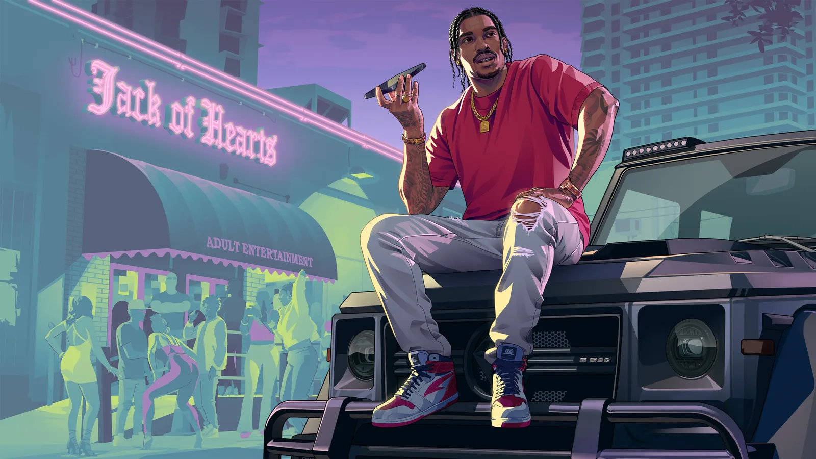 Official Rockstar illustration of Dre'Quan Priest, drawn in flat comic-style colour rather than photographed in-game: a young man with braids in a red tee and ripped light jeans sits on the bull bar of a black SUV holding a phone to his mouth, a neon Jack of Hearts adult-entertainment sign and a queue of people on the street behind him.