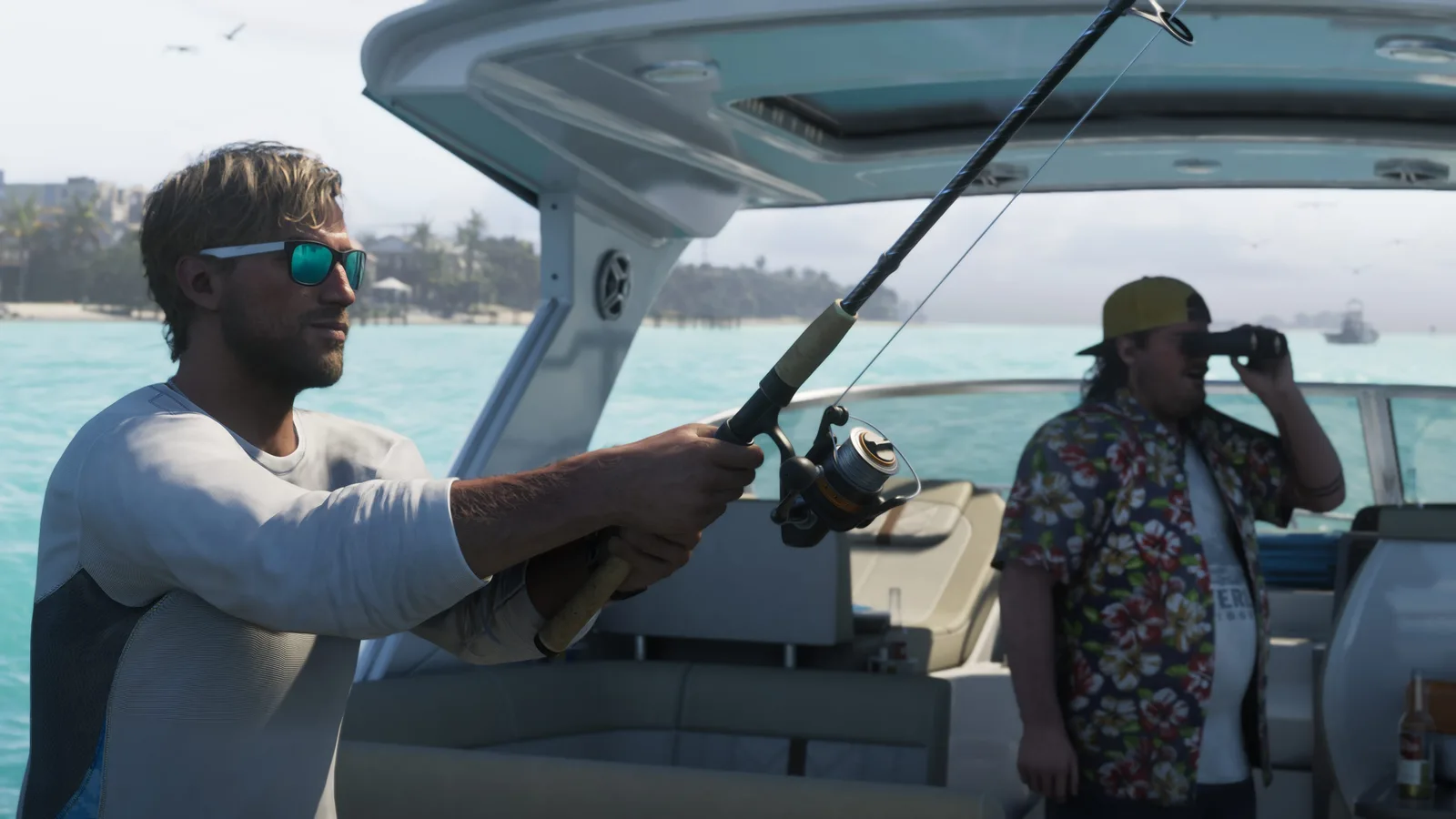 Jason Duval in mirrored sunglasses casting a fishing rod from the deck of a boat on turquoise water, a man in a floral shirt watching the shore through binoculars behind him.