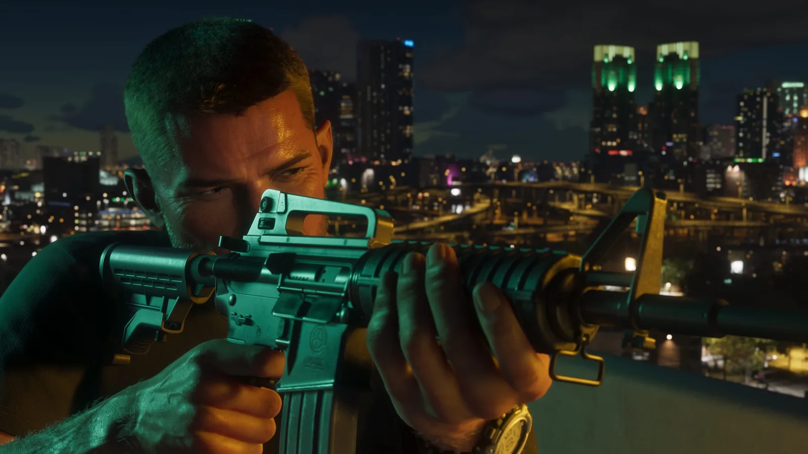 Jason Duval crouched on a rooftop at night sighting down a scoped rifle, the lit towers of a city skyline stretching away behind him.
