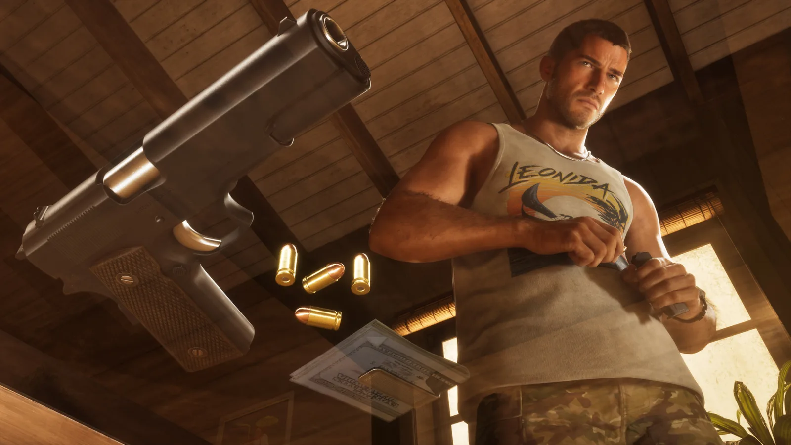 Jason Duval in a Leonida tank top loading a magazine in a sunlit wooden room, with a large silver pistol, loose cartridges and a stack of banknotes floating in the foreground.