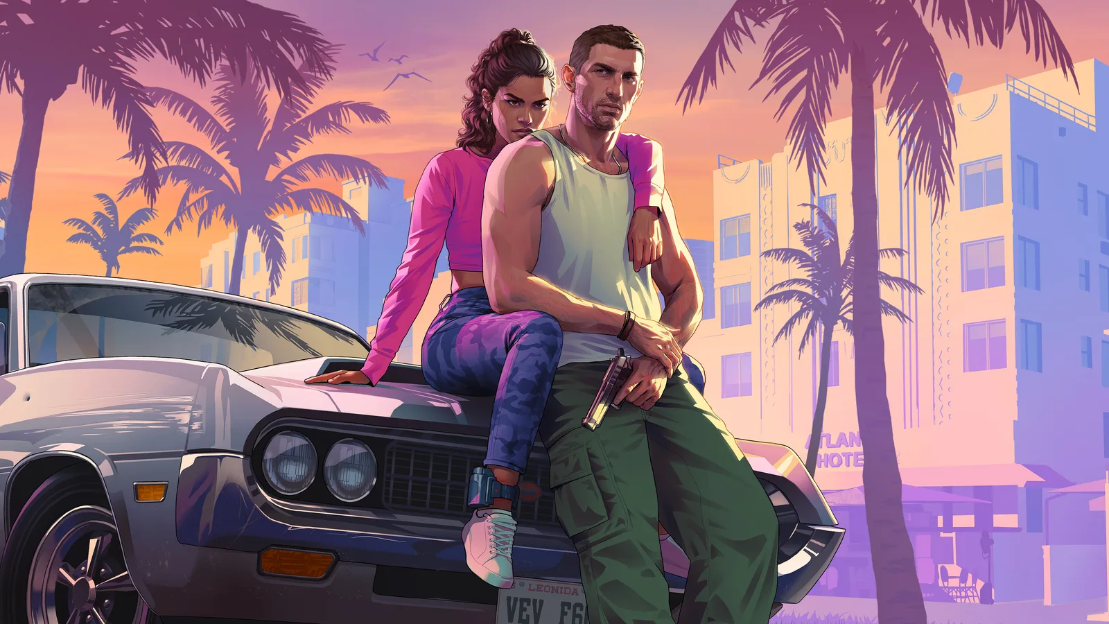 Official Rockstar key art of Jason Duval and Lucia Caminos, drawn in flat comic-style colour rather than photographed in-game: Lucia sits on the bonnet of a silver classic muscle car with a Leonida plate in a pink crop top and camo leggings, Jason leaning back against the car beside her in a mint tank top and olive cargo trousers with a pistol in his hand, palm silhouettes and pastel art deco hotels behind them at sunset.