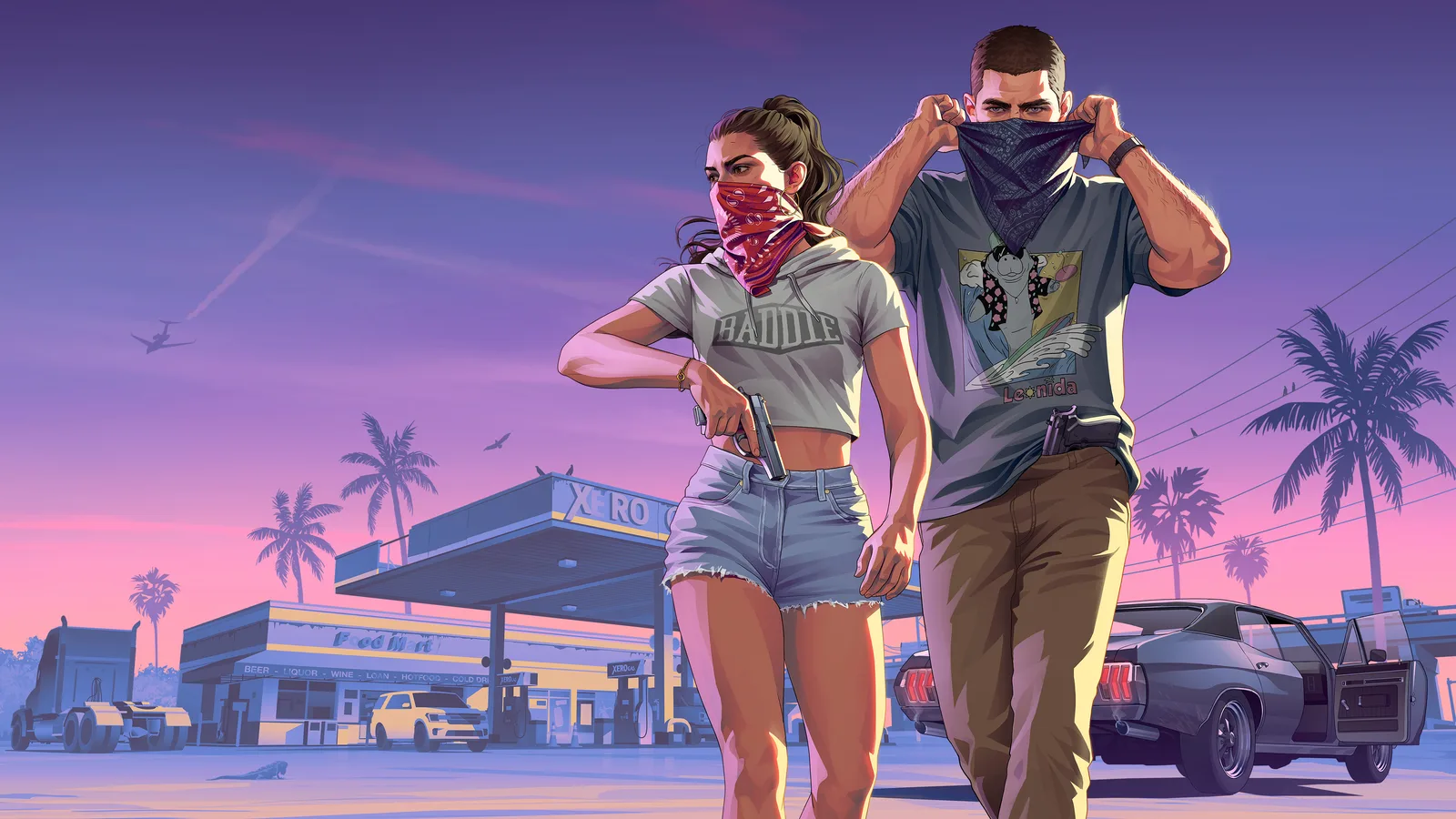 Official Rockstar key art of Jason Duval and Lucia Caminos, drawn in flat comic-style colour rather than photographed in-game: the two walk away from a car with its door left open on the forecourt of a Xero gas station at dusk, Lucia in a cropped Baddie tee pulling a red bandana over her face with a pistol at her waistband and Jason raising a blue bandana over his, a Food Mart, palms and an alligator crossing the tarmac behind them.