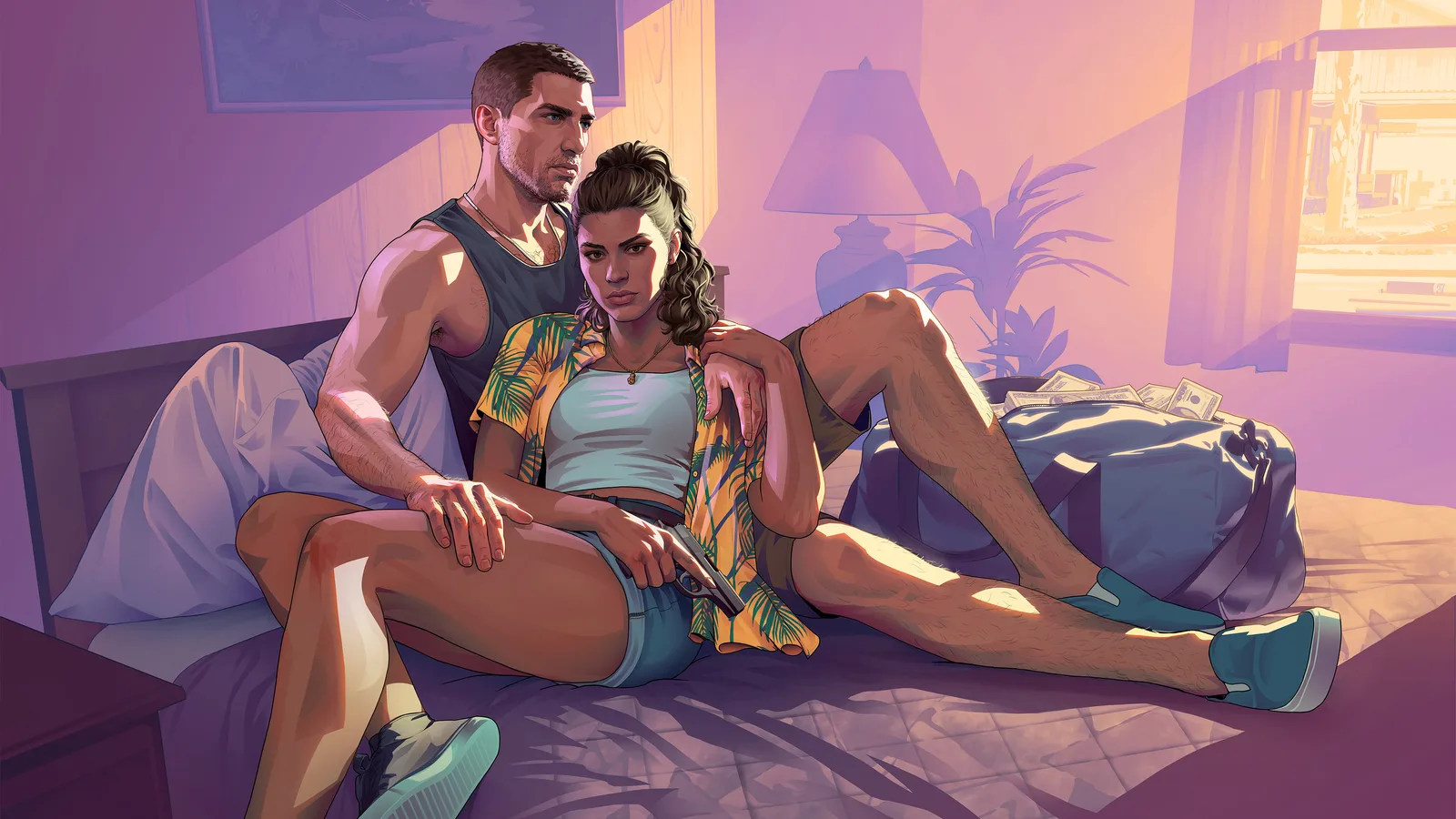 Official Rockstar key art of Jason Duval and Lucia Caminos, drawn in flat comic-style colour rather than photographed in-game: the pair sit together on a motel bed in low afternoon sun, Lucia leaning back against Jason in an open yellow palm-print shirt with a pistol resting in her lap, a duffel bag spilling banknotes on the bed beside them and a lamp, a plant and a curtained window behind.