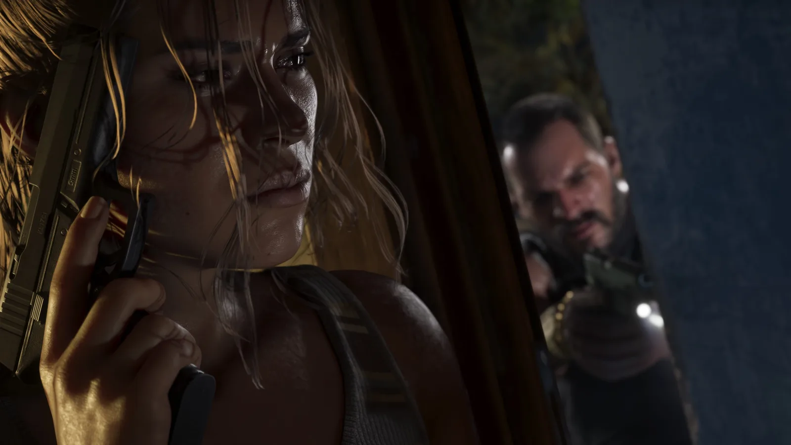 Lucia Caminos in close-up holding a pistol upright against her shoulder, with an armed man aiming a pistol and a flashlight in the dark opening beside her.