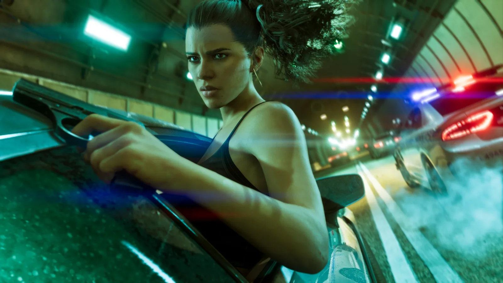 Lucia Caminos leaning out of the window of a speeding car in a tunnel with a pistol in her hand, a police car with its lights on close behind.