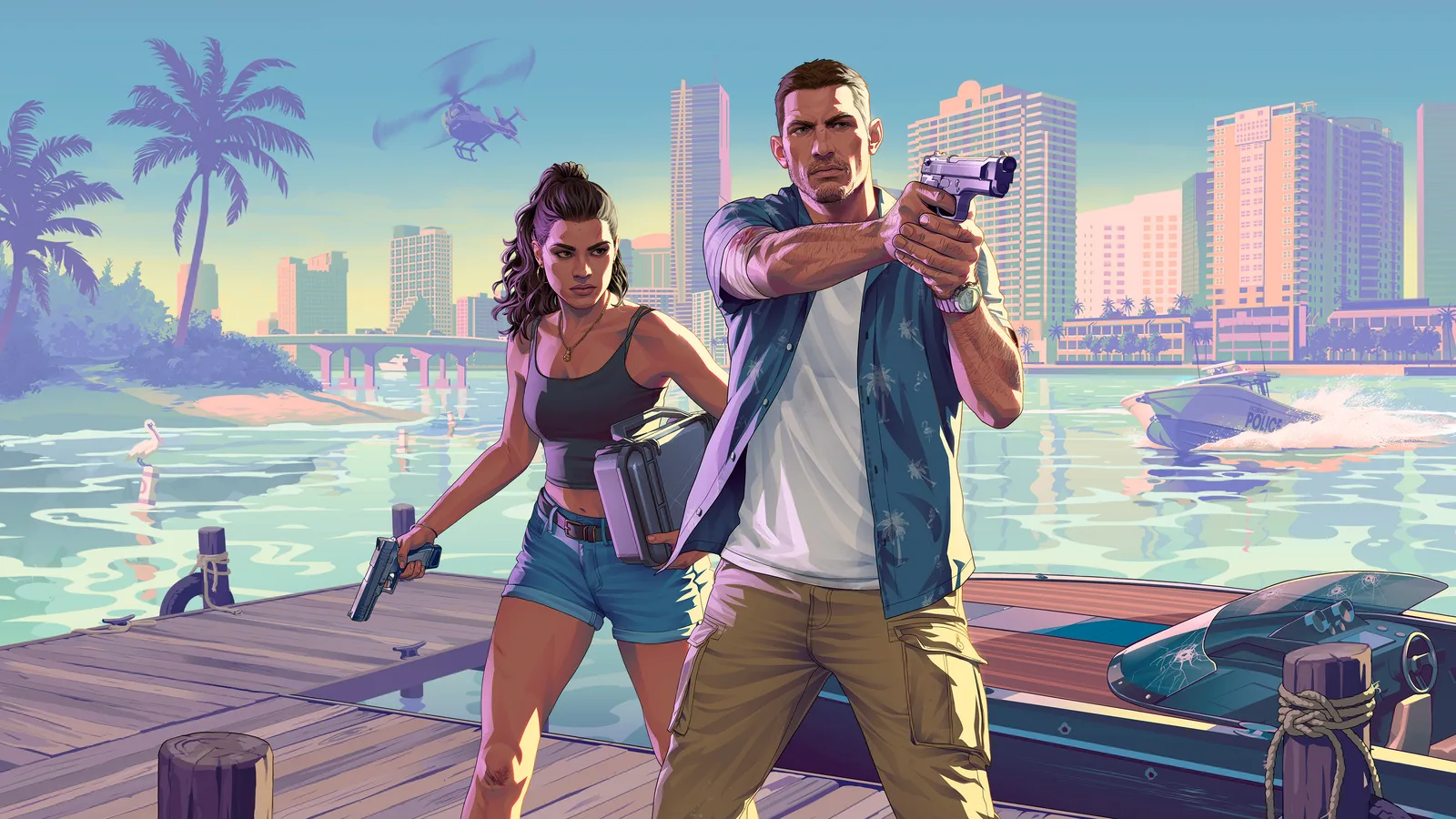 Official Rockstar key art of Lucia Caminos and Jason Duval, drawn in flat comic-style colour rather than photographed in-game: the pair back along a wooden dock in daylight, Lucia carrying a grey hard case under one arm with a pistol at her side and Jason aiming a pistol two-handed beside her, a moored speedboat with a cracked windscreen at the right and a police boat, a helicopter and the Vice City skyline across the bay behind them.