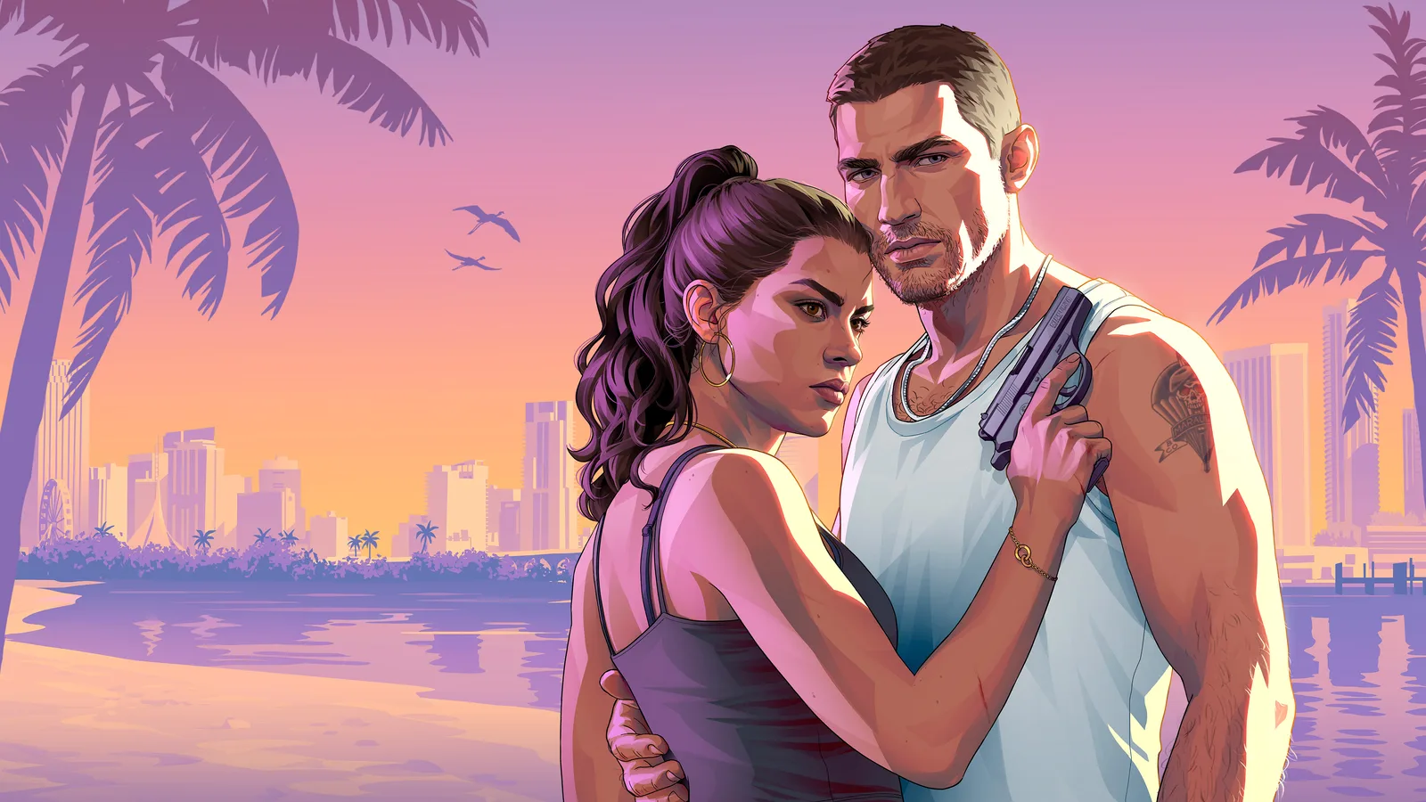 Official Rockstar key art of Lucia Caminos and Jason Duval, drawn in flat comic-style colour rather than photographed in-game: the two stand close together on a beach at sunset, Lucia looking back over her shoulder in a dark tank top and hoop earrings while Jason holds her waist in a white tank top with a pistol raised by her shoulder, palms and a distant city skyline across the water behind them.