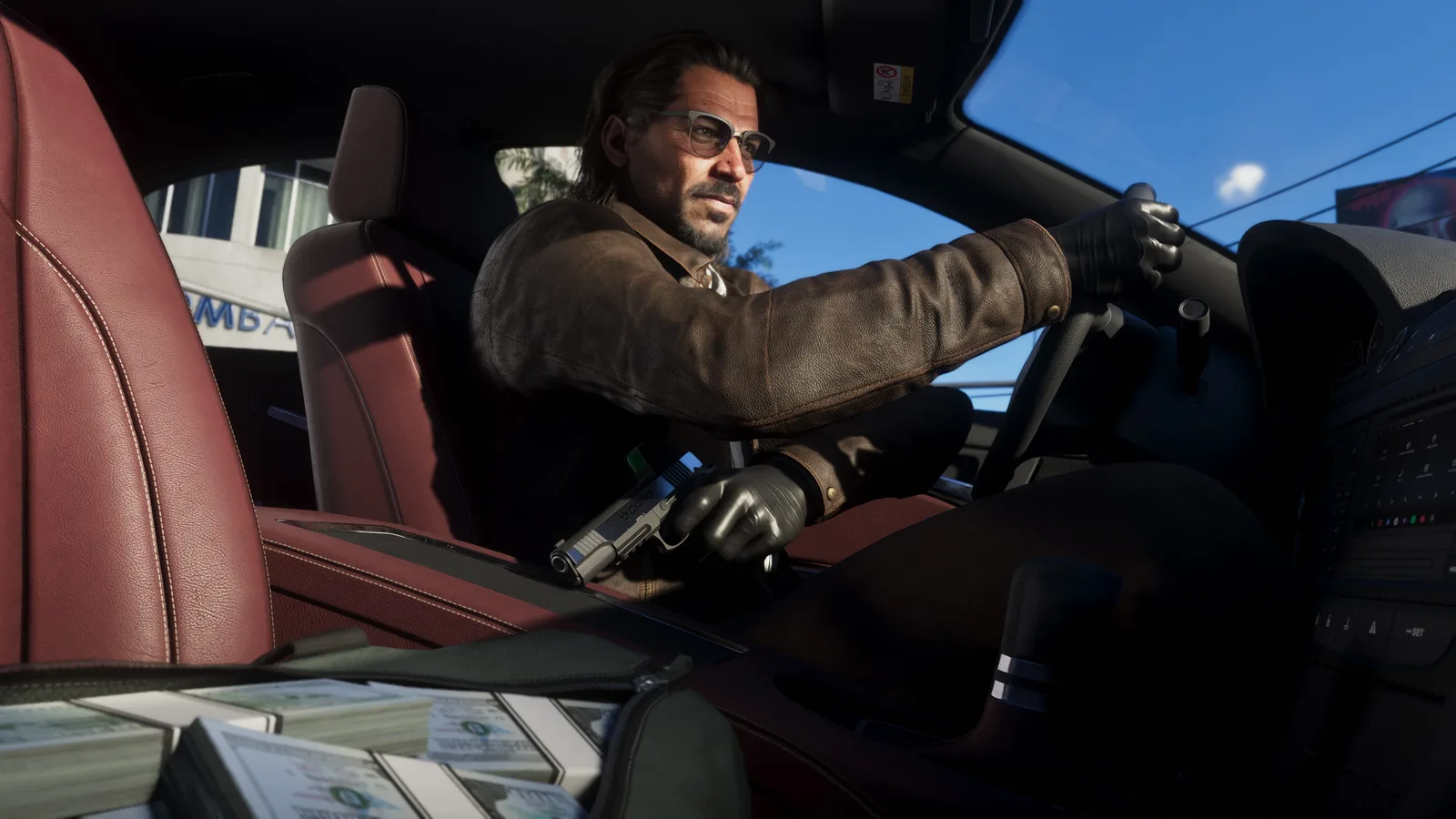 Raul Bautista at the wheel of a car in glasses, a leather jacket and latex gloves, a pistol in his right hand and banded stacks of cash in an open bag on the seat beside him.