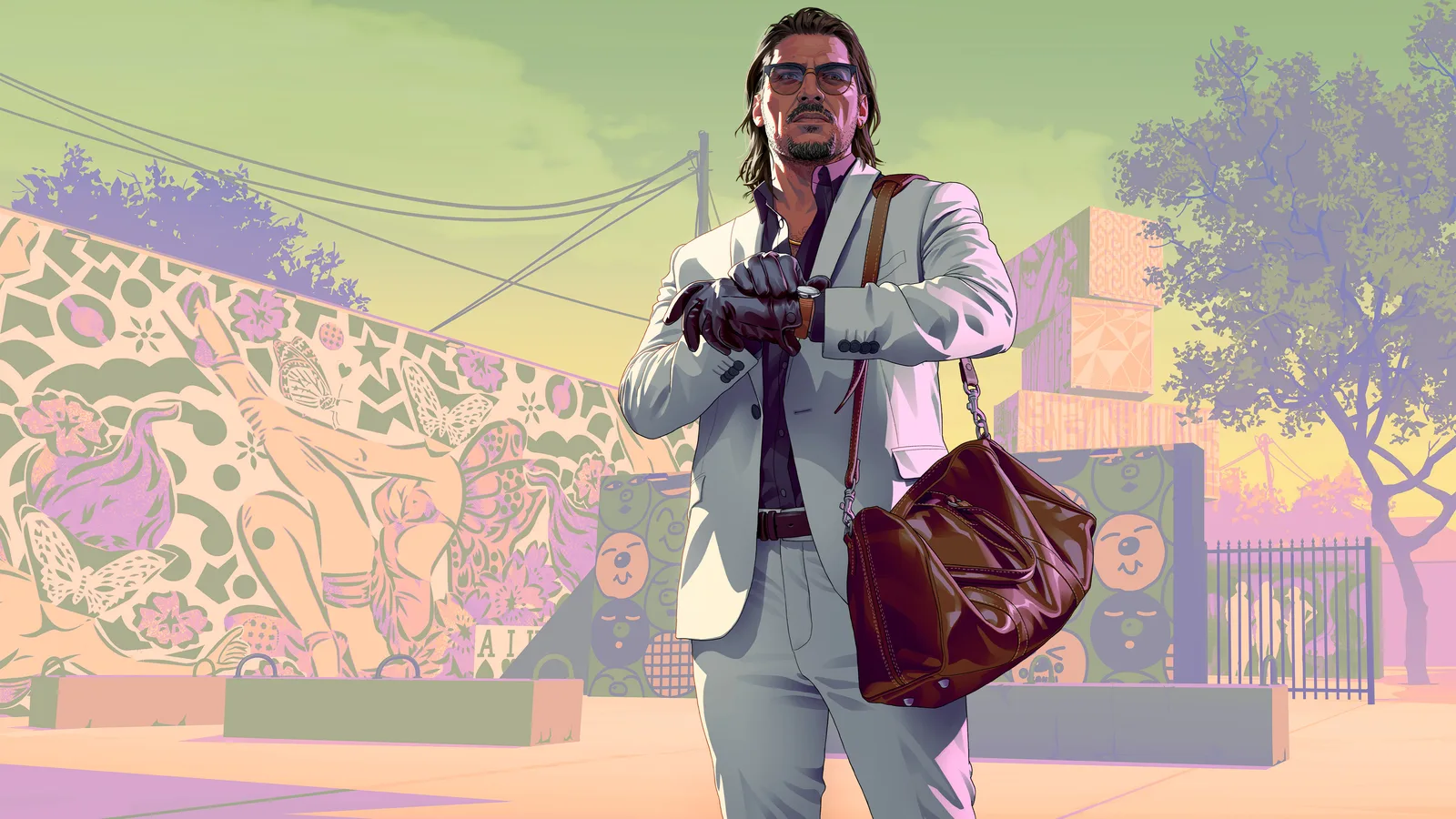 Official Rockstar illustration of Raul Bautista, drawn in flat comic-style colour rather than photographed in-game: a man in a pale suit, sunglasses and leather gloves checks his watch with a large brown leather holdall over his shoulder, standing in front of a wall mural of butterflies and flowers under power lines.