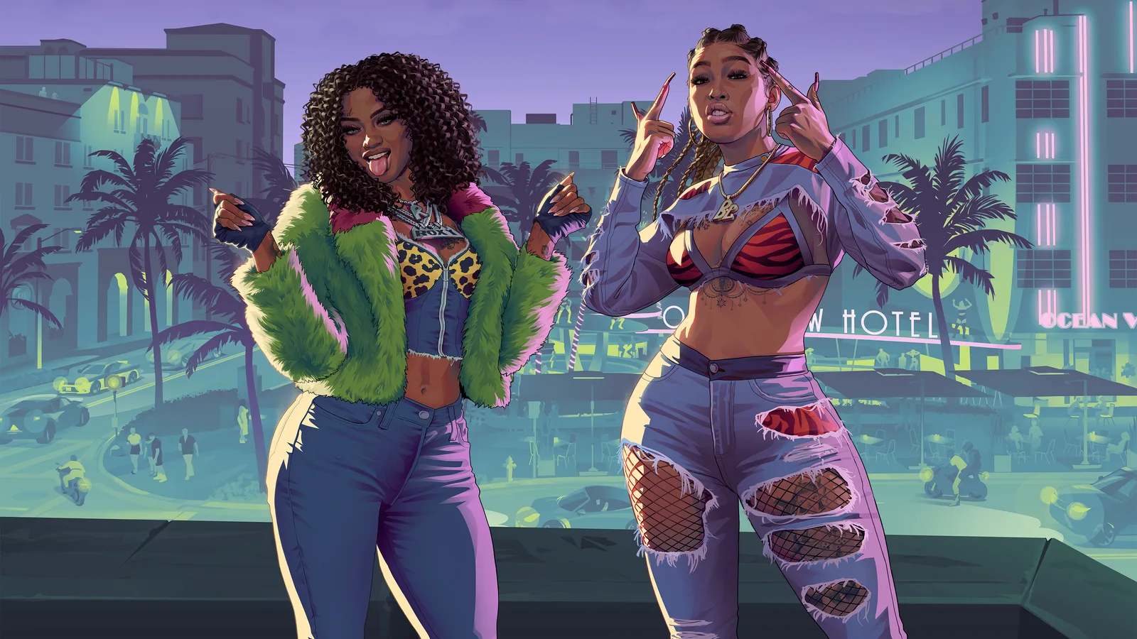 Official Rockstar illustration of Real Dimez, drawn in flat comic-style colour rather than photographed in-game: two women pose side by side on a rooftop, one in a green fur-trimmed jacket and jeans with her tongue out, the other in a zebra-print top and ripped jeans throwing hand signs, palm trees and an Ocean View Hotel neon sign on the street behind them.