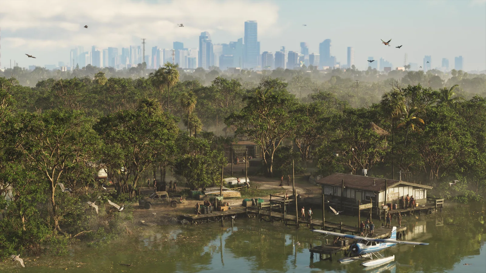 A wooded riverbank camp of shacks, trailers and jetties with a blue and white floatplane moored at the dock, a city skyline rising through haze on the horizon.