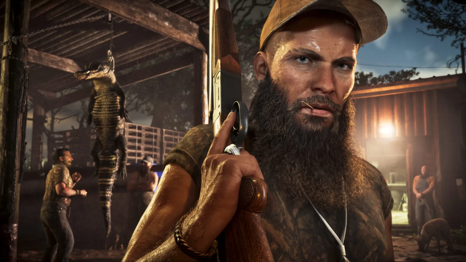 A bearded man in a cap resting a shotgun on his shoulder with a toothpick in his mouth, an alligator strung up under an open shed and other men working behind him.
