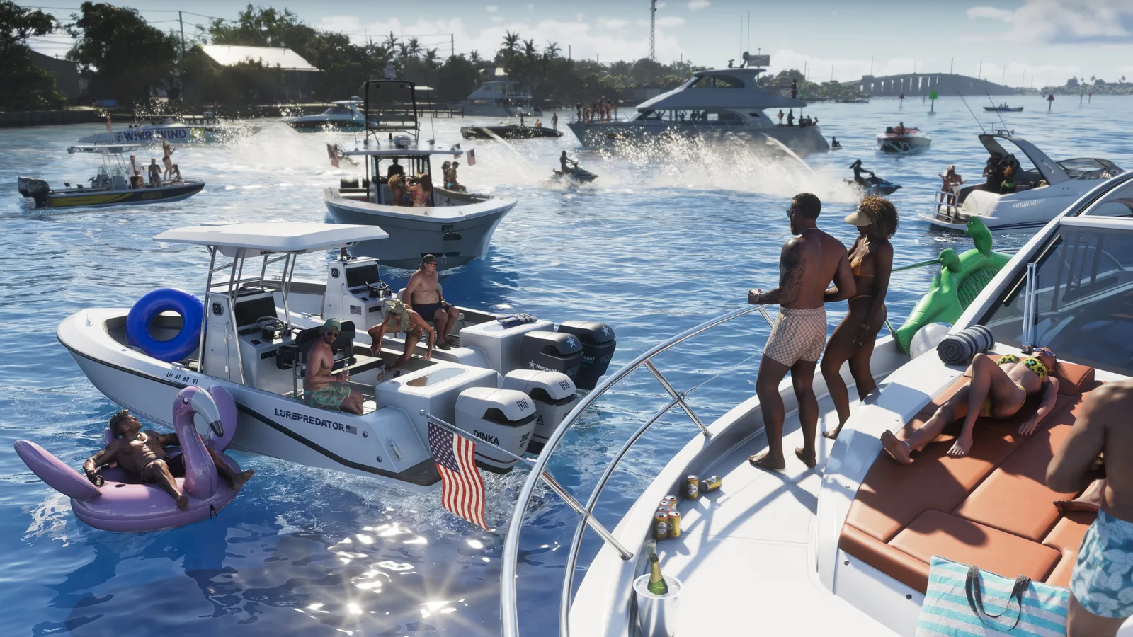 A crowded sandbar raft-up seen from the bow of a boat — sport boats, jet skis and a yacht packed with people, one man on a pink flamingo float and drinks on the deck in the foreground.