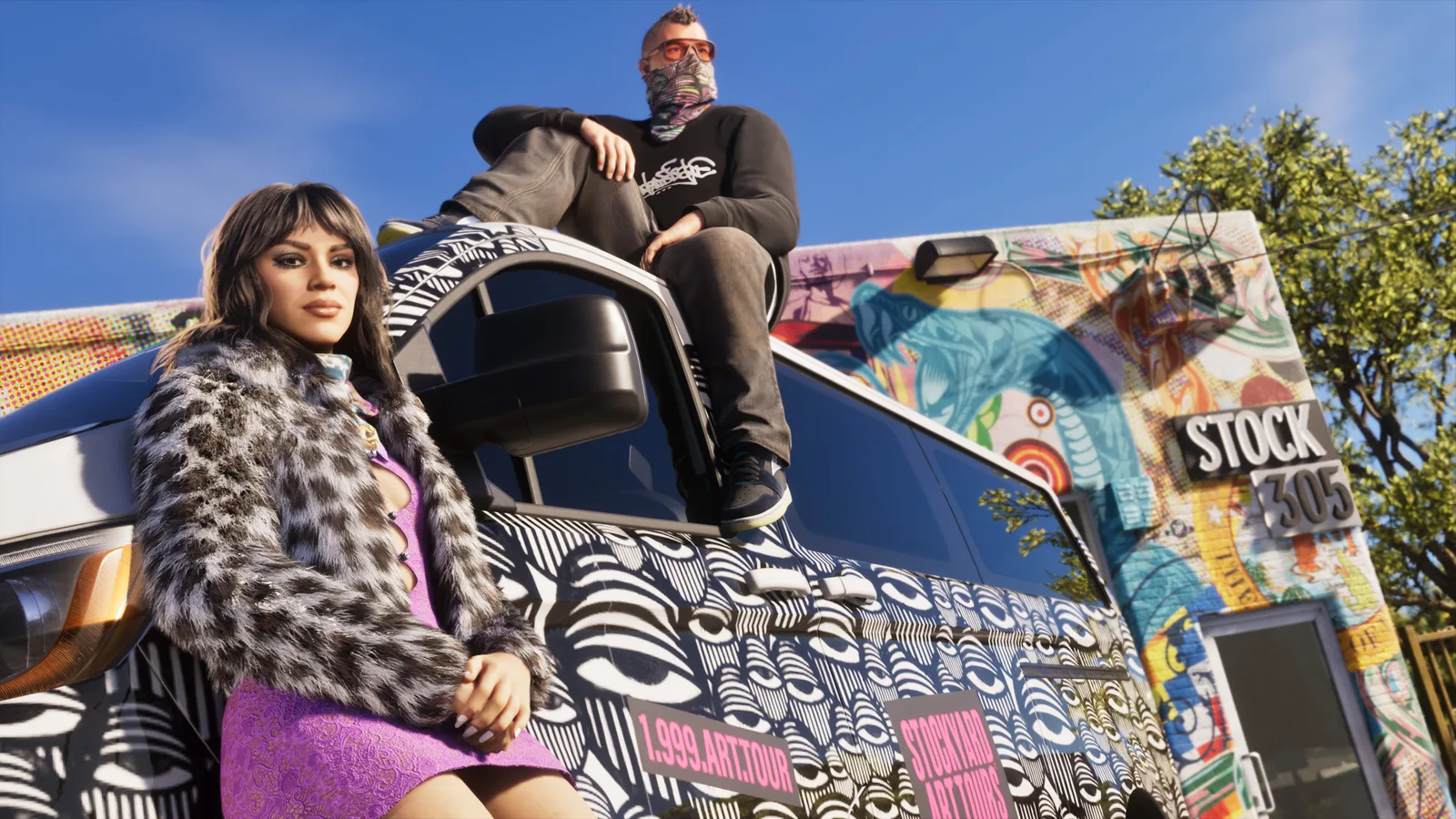 A low-angle view of a mural-covered street building carrying a raised STOCK 305 sign, a van wrapped in black-and-white eye graphics parked at its kerb under a blue sky with stickers on its flank reading STOCKYARD ART TOURS and 1.999.ART.TOUR, a woman in a leopard-print fur coat leaning against the open door and a man in a patterned bandana sitting on the roof.