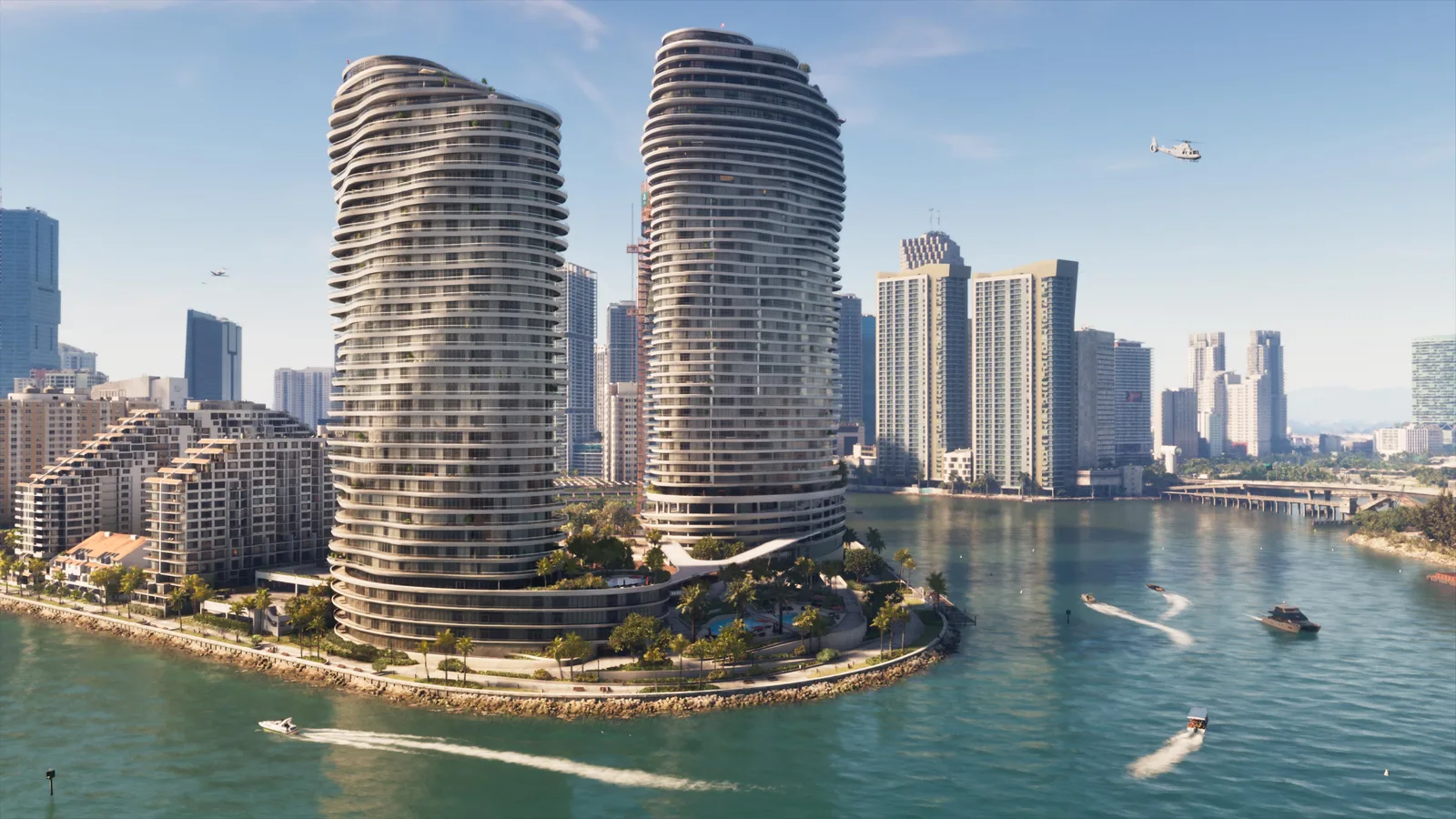 Two curved white residential towers on a landscaped waterfront point, speedboats leaving wakes across turquoise water and a helicopter over the downtown skyline behind.