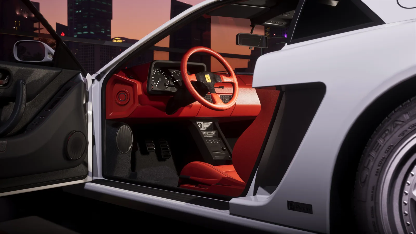 The Grotti Cheetah's open driver's door showing a red leather interior, a red steering wheel and analogue dials, with a city skyline at dusk beyond.