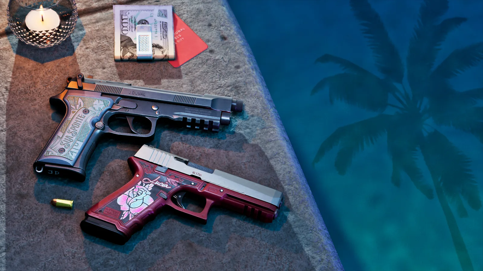 The larger of two pistols laid on the tiled edge of a lit swimming pool at night — a full-size gunmetal handgun with a threaded muzzle, an accessory rail under the dust cover, J.DUVAL along the slide, JD stamped at the base of the grip and pale engraved grip panels reading SUA SPONTE — with a lit candle and a banknote in a money clip on the stone above it and a smaller red pistol sharing the frame below.